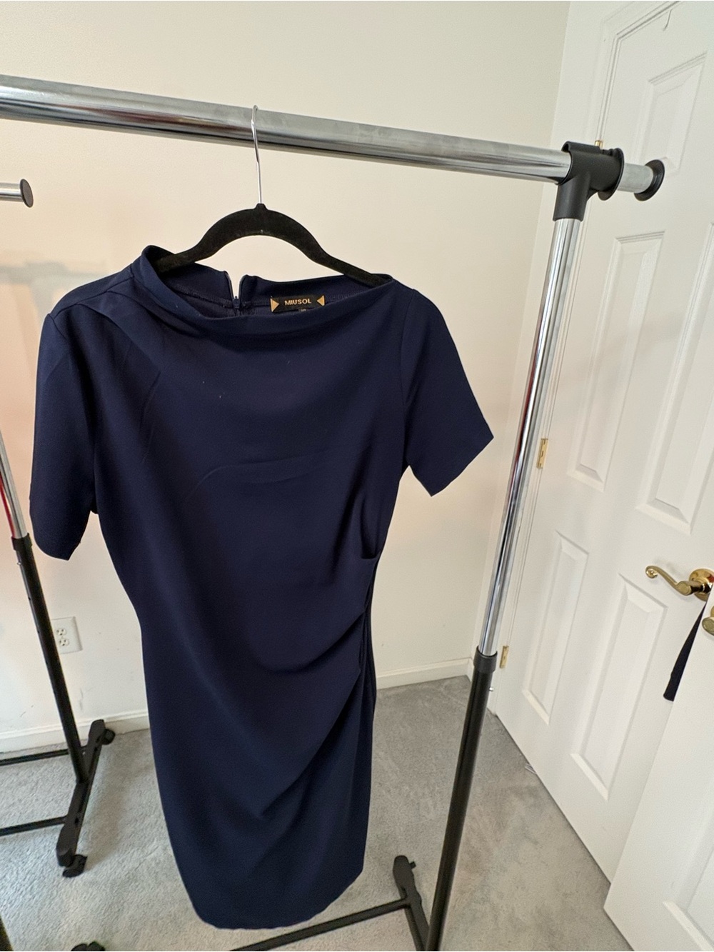 SHEIN Navy Short-Sleeve Midi Sheath Work Dress - Medium
